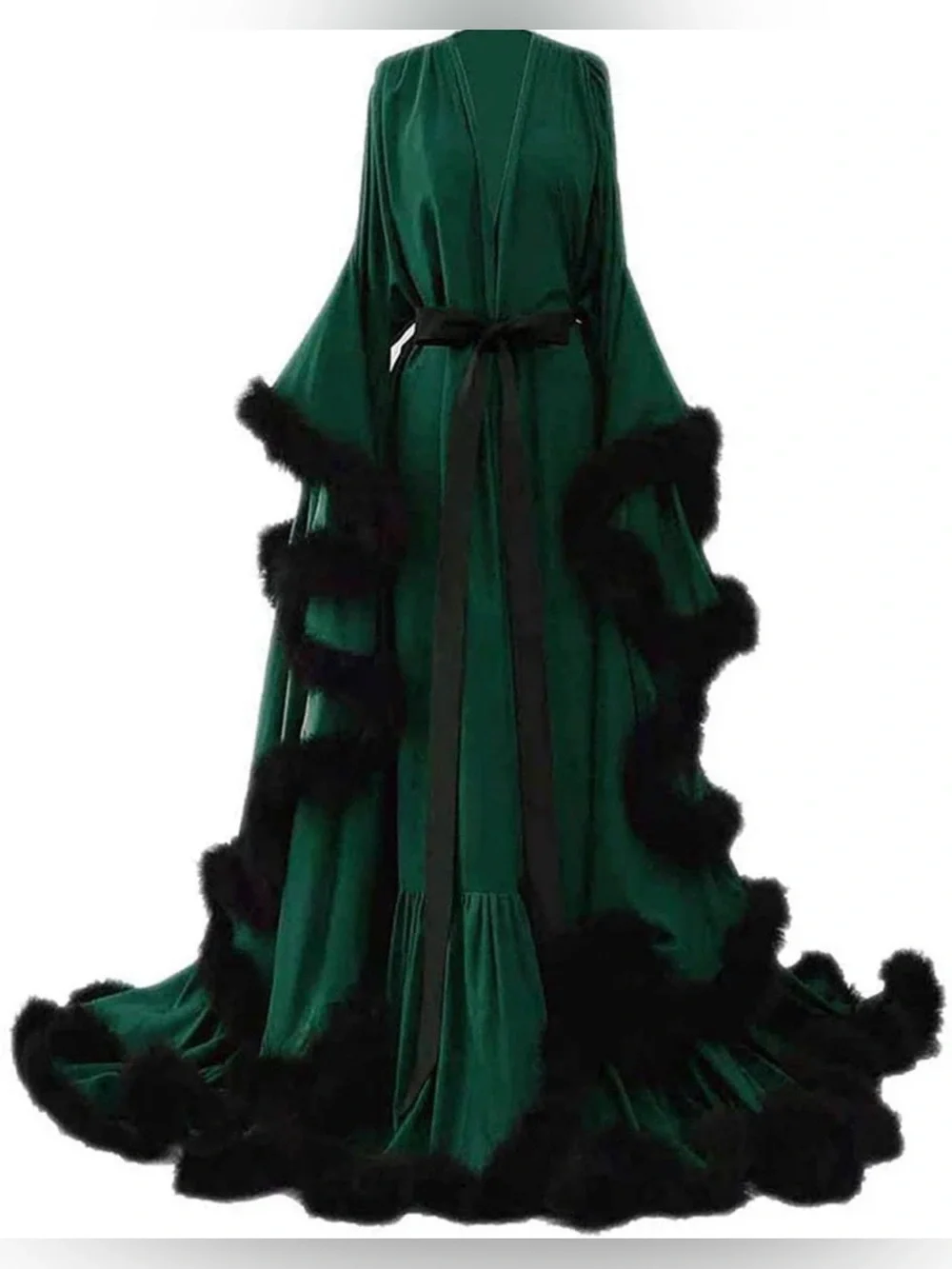Silk-Feel Teal Satin Robe with Black Feather Trim - Picture 2 of 3